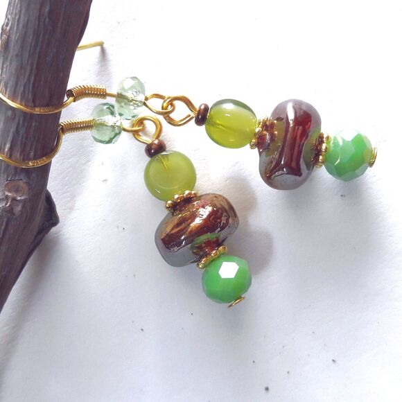 artisan earrings 618#mfs NEW boho Green & fireglaze brown glass drop earrings fa - Picture 3 of 5
